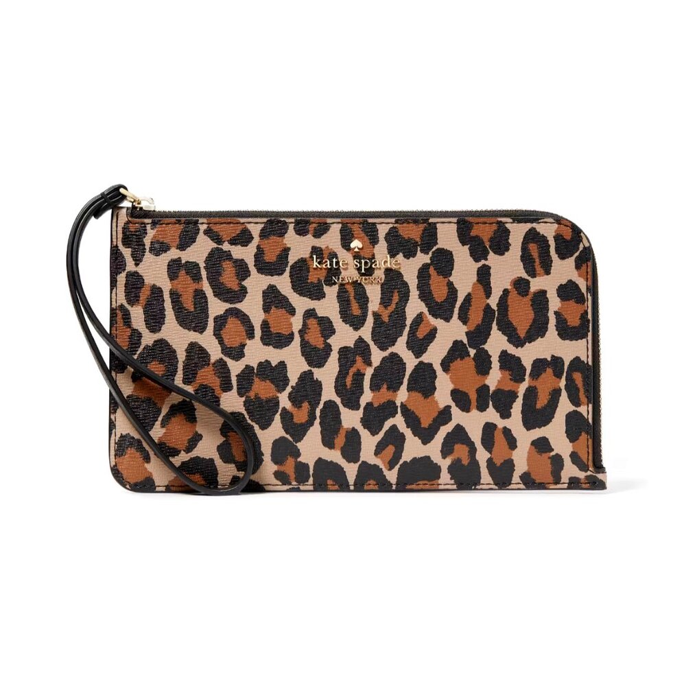 New Kate Spade Lucy Leopard Medium L Zip Wristlet Brown Multi